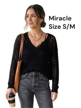Miracle Black Open Knit V-Neck Sweater | S/M | Boho Chic Oversized Pullover